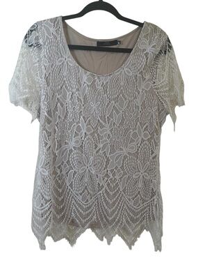 BKE Boutique Womens Boho Lace Short Sleeve Top Sz XL Sheer White Tan Scoop Neck